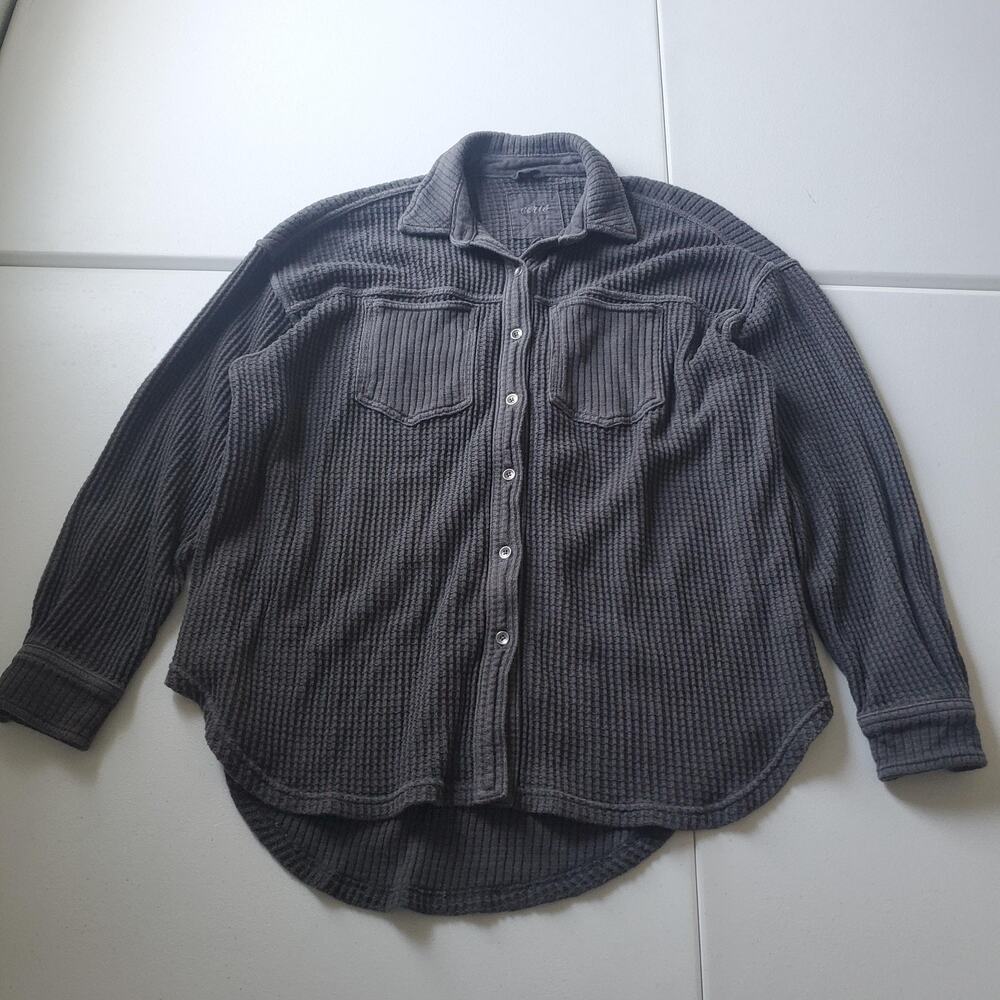 Aerie Button Up Shirt Womens XS Gray Waffle Knit Tunic Thermal Long Sleeve